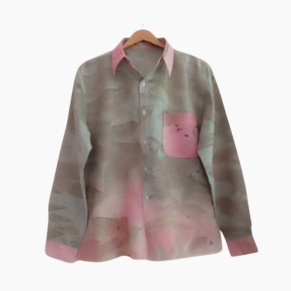 Long-Sleeve Collared Shirt with Natural Print